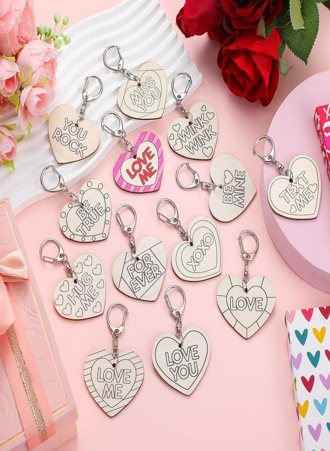 Memorywuu 24 Pcs Valentine Craft Conversation Keychains Gift Heart Color Your Own Keychains Bulk DIY Blank Unfinished Accent Love Wooden Craft for Valentine's Day Classroom Party, 12 Styles - Image 4